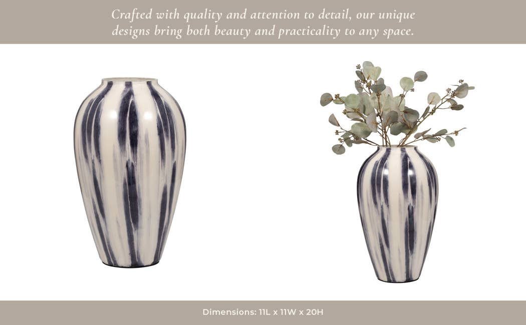 Glass Round Abstract Striped Pattern Vase - Blue, 20 in.