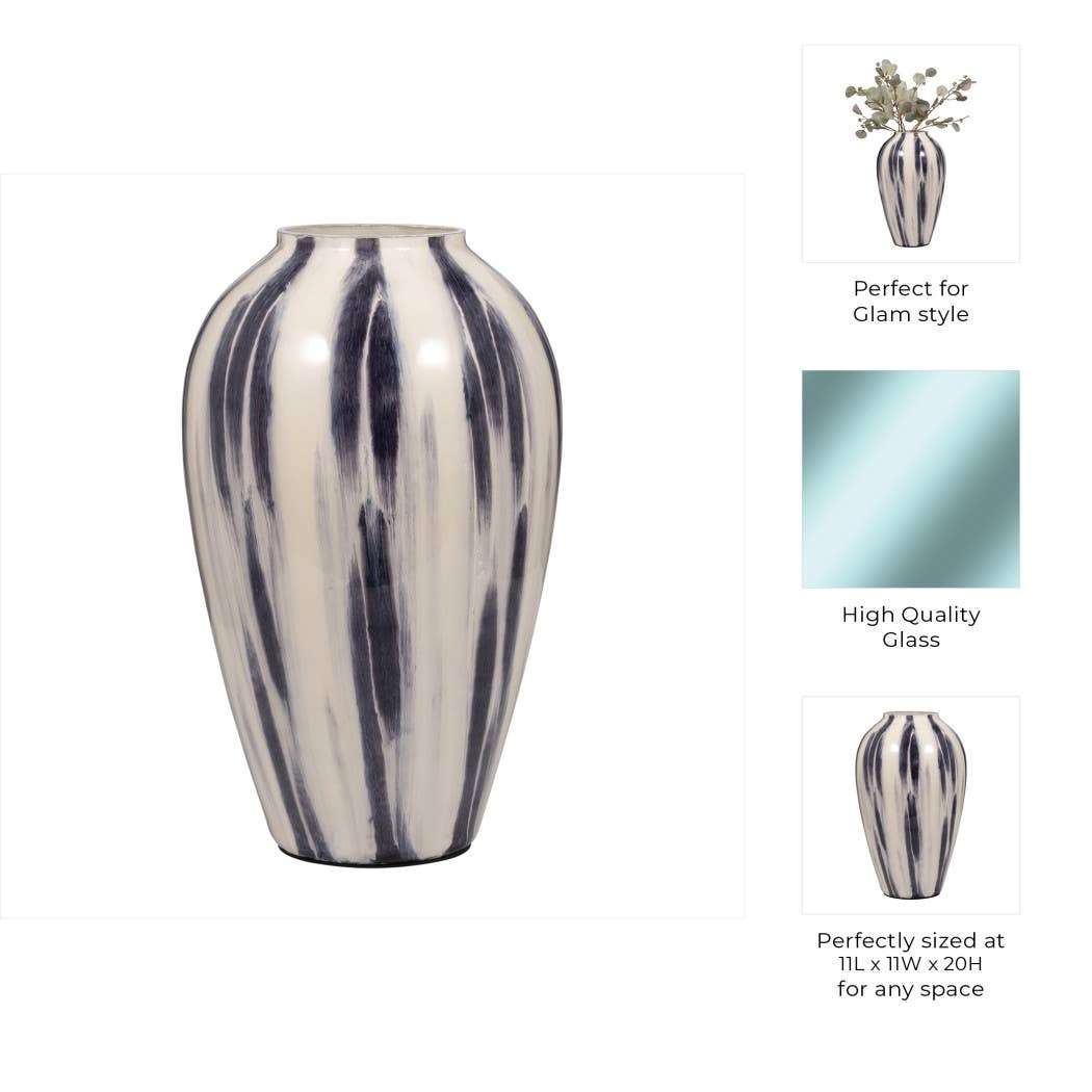Glass Round Abstract Striped Pattern Vase - Blue, 20 in.