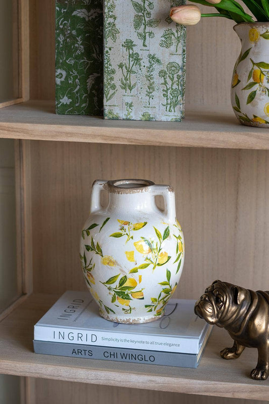 6.7x6.7x8.7" White Ceramic Vase w/ Lemon Motif Small Handles
