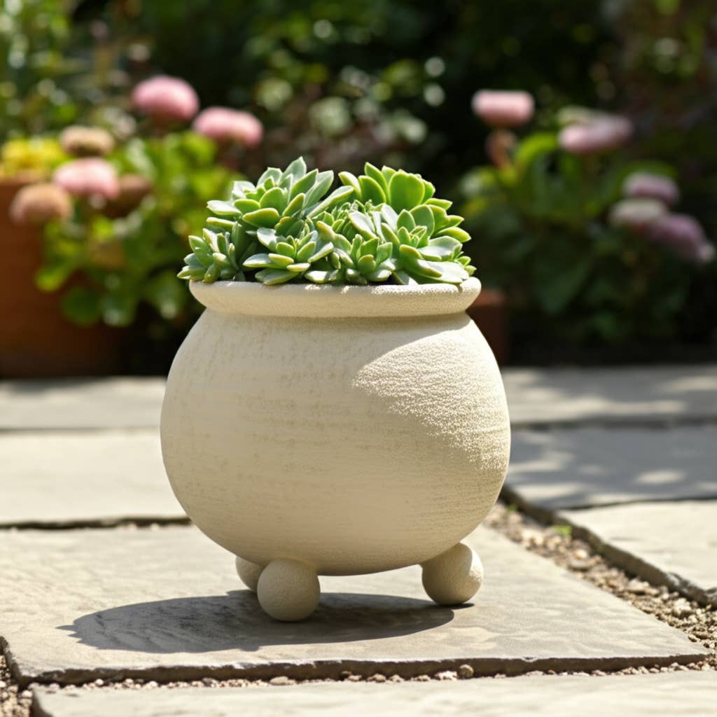 Ceramic Textured Rounded Planter On Ball Feet - Ivory, 9 in.