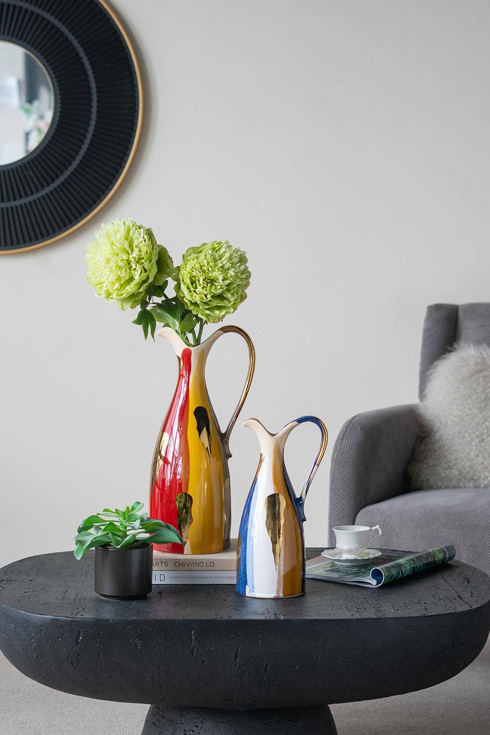 5.5x5x12.5" Ceramic Pitcher Vase w/ Abstract Multicolored