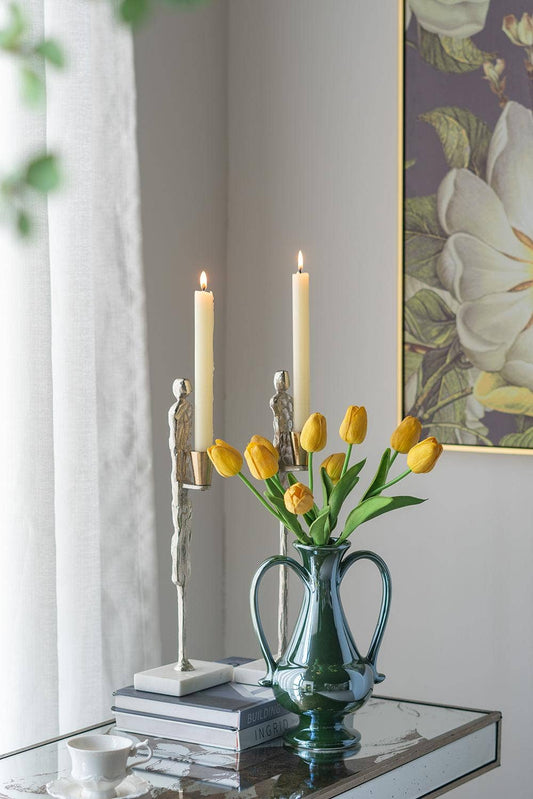 6.5x5x10" Pedestal Vase w/ Handles & Green Electroplating