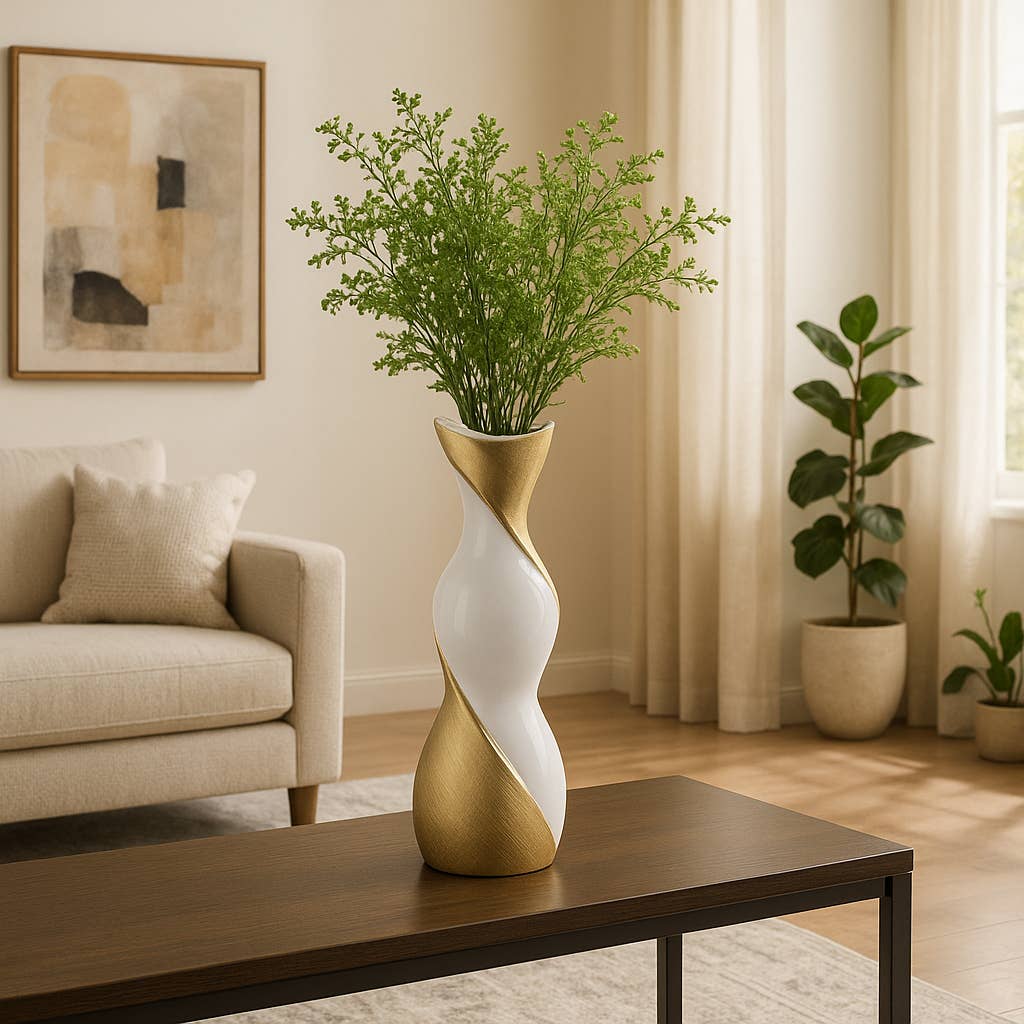 Ceramic Modern Two-Tone Twisted Flower Vase - Gold, 16 in.