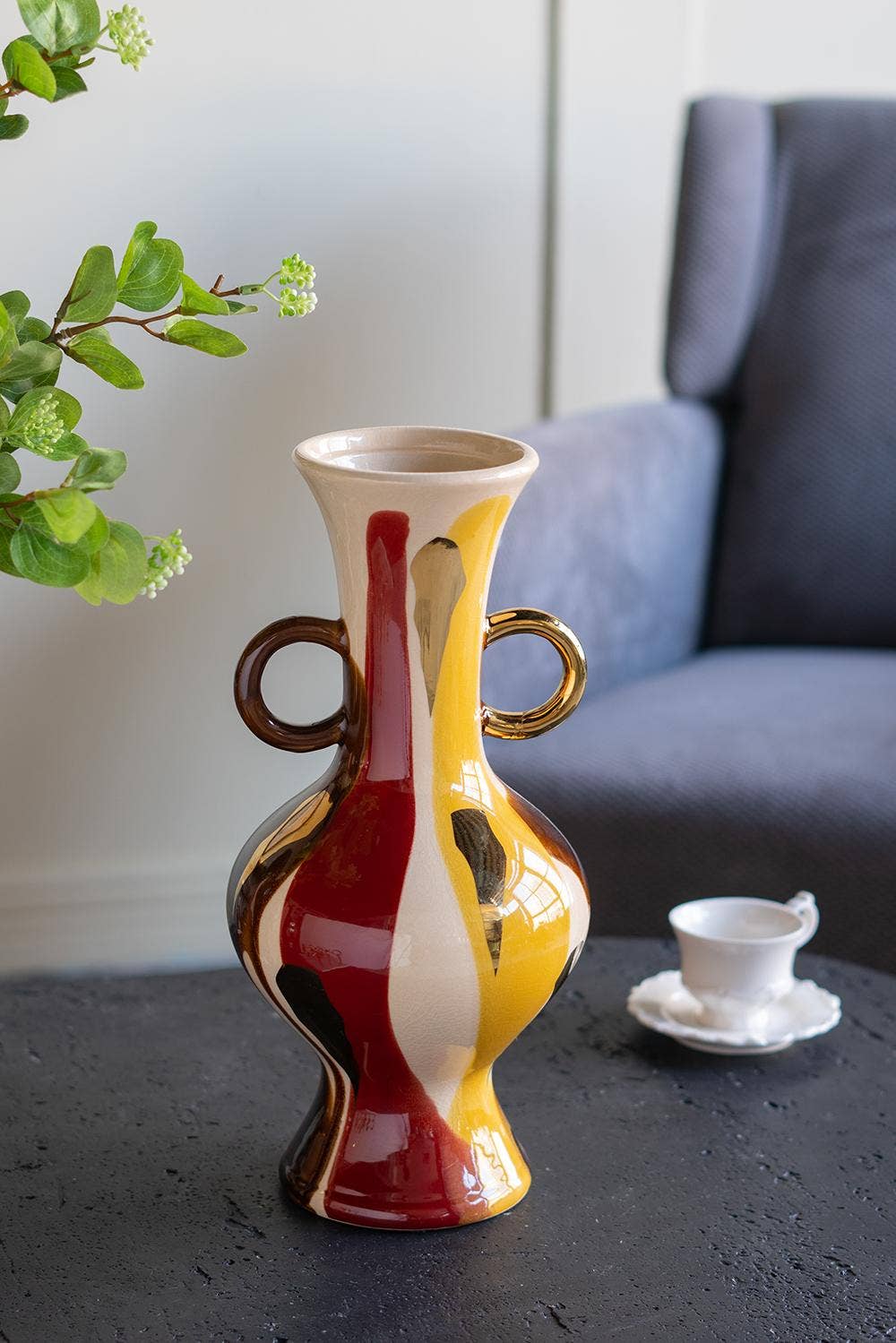 D6.5x14" Round Ceramic Vase Abstract Multicolored Finish