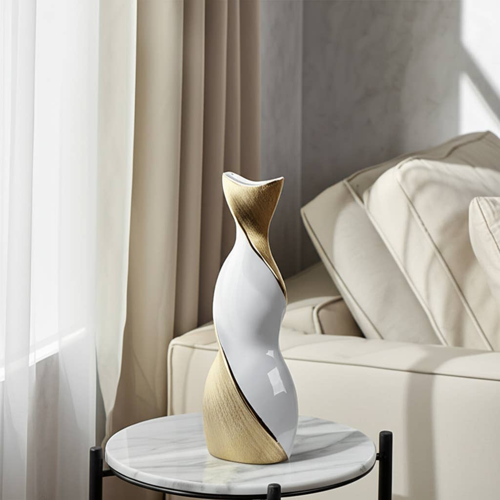 Ceramic Modern Two-Tone Twisted Flower Vase - Gold, 16 in.