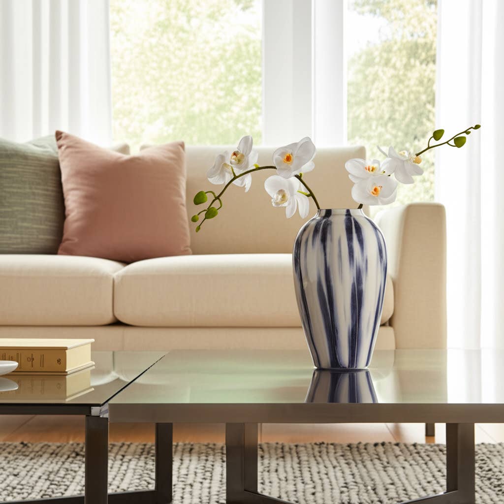 Glass Round Abstract Striped Pattern Vase - Blue, 20 in.