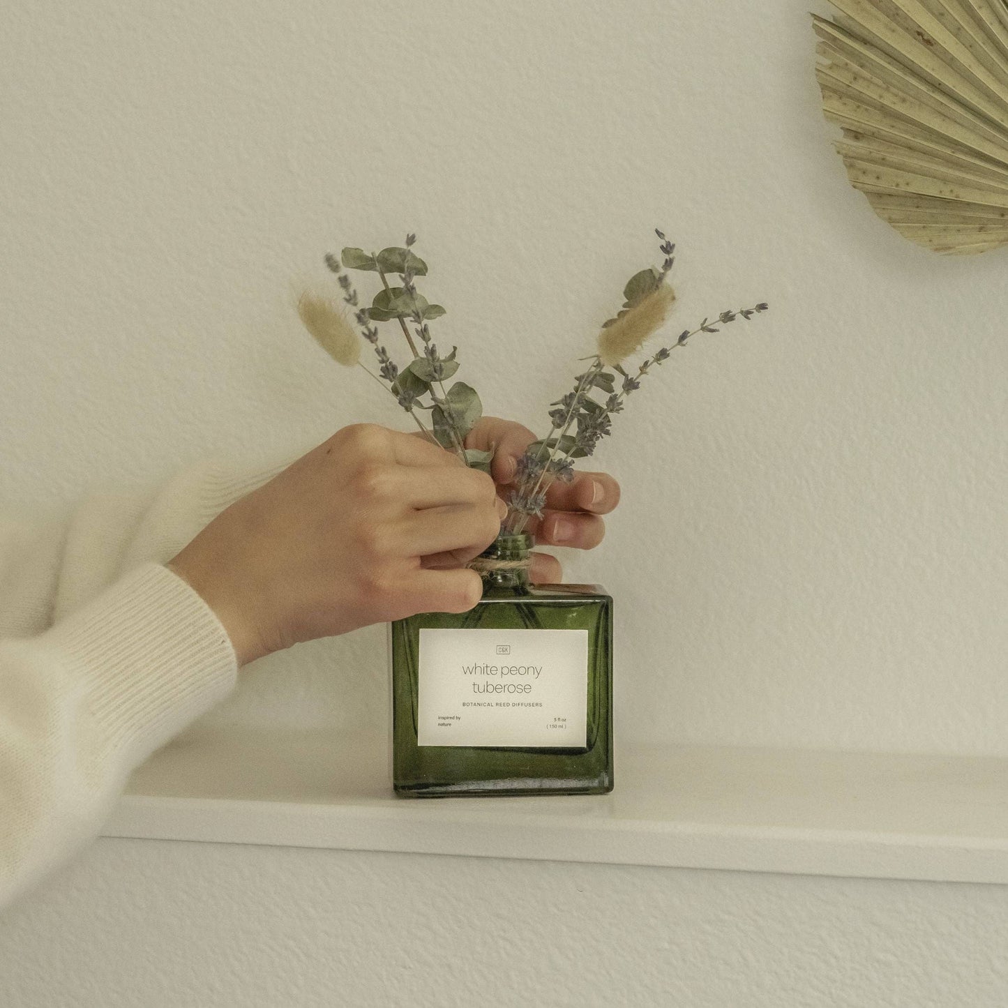 Green Glass Reed Diffuser with Flowers
