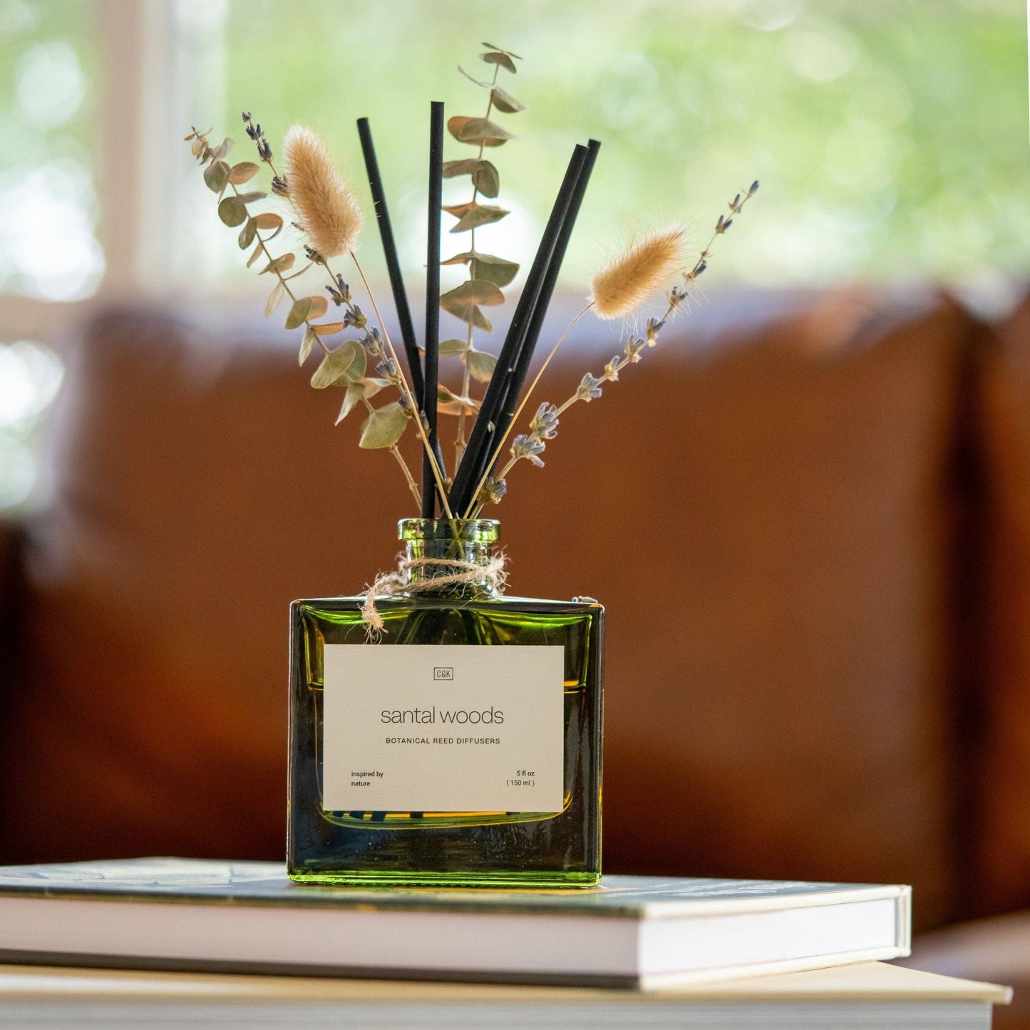Green Glass Reed Diffuser with Flowers