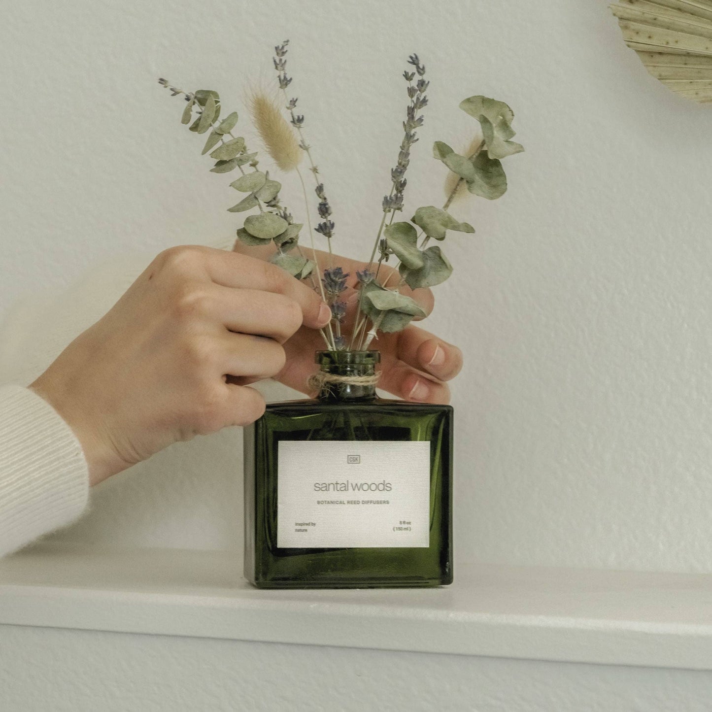 Green Glass Reed Diffuser with Flowers