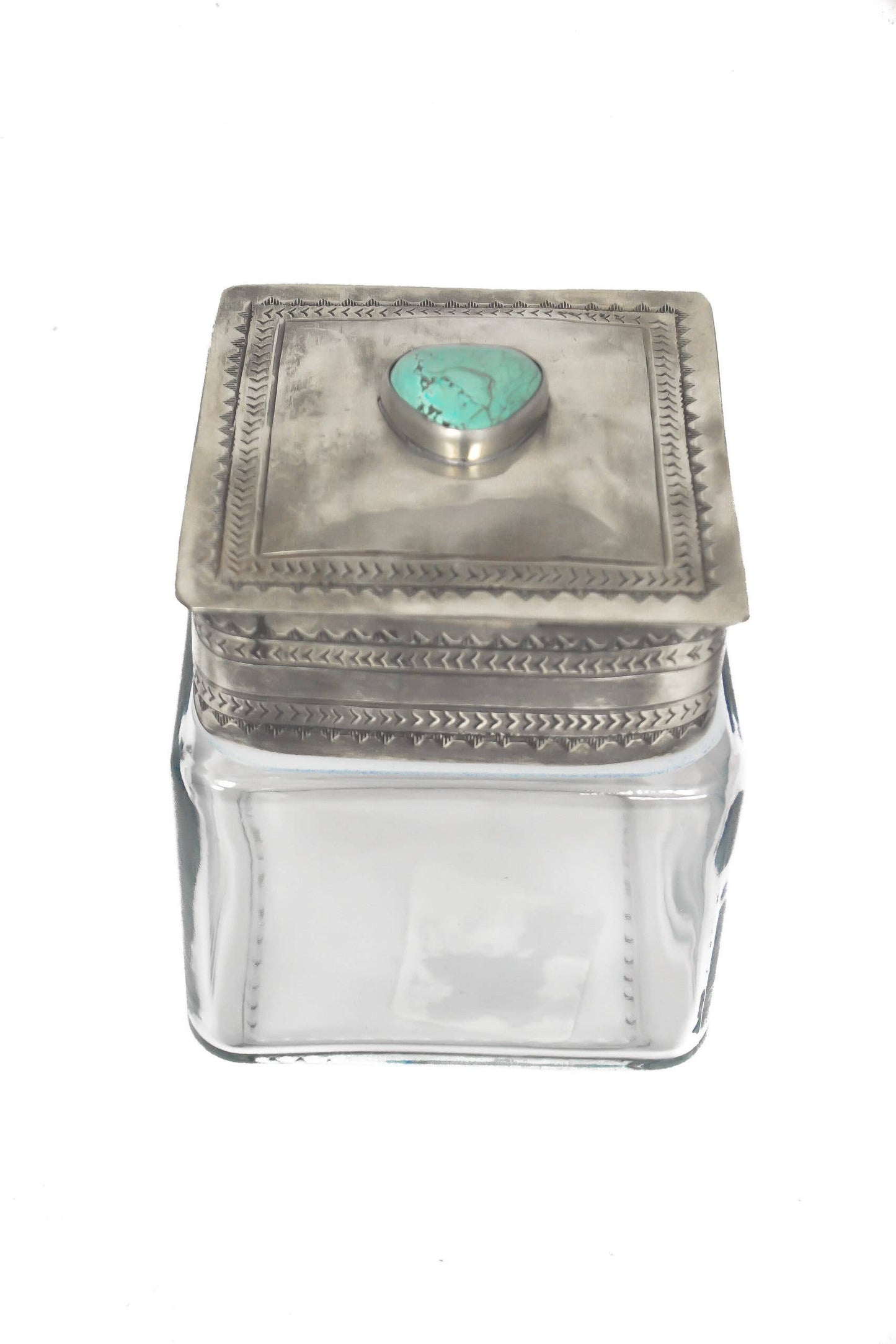 SMALL GLASS BOTTOM CANISTER W/ SILVER & TURQ