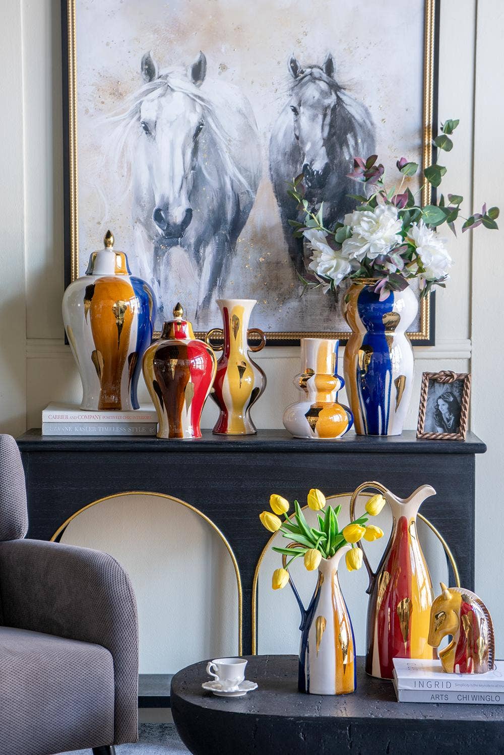 D6.5x14" Round Ceramic Vase Abstract Multicolored Finish