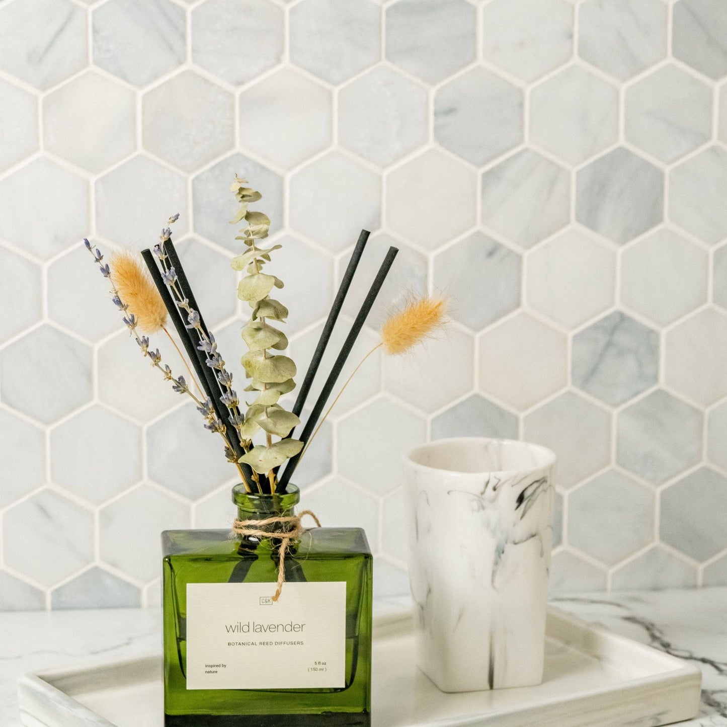 Green Glass Reed Diffuser with Flowers