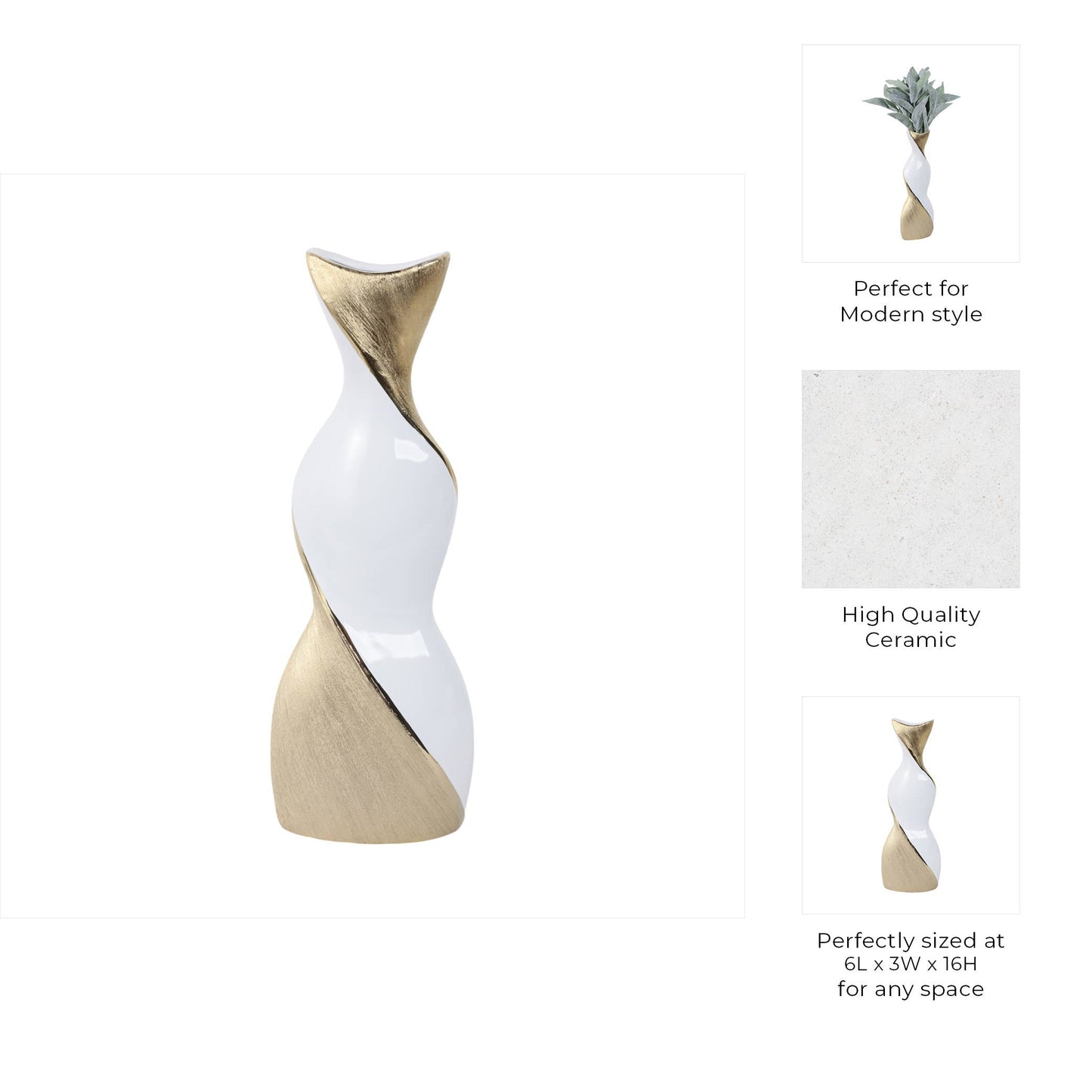 Ceramic Modern Two-Tone Twisted Flower Vase - Gold, 16 in.