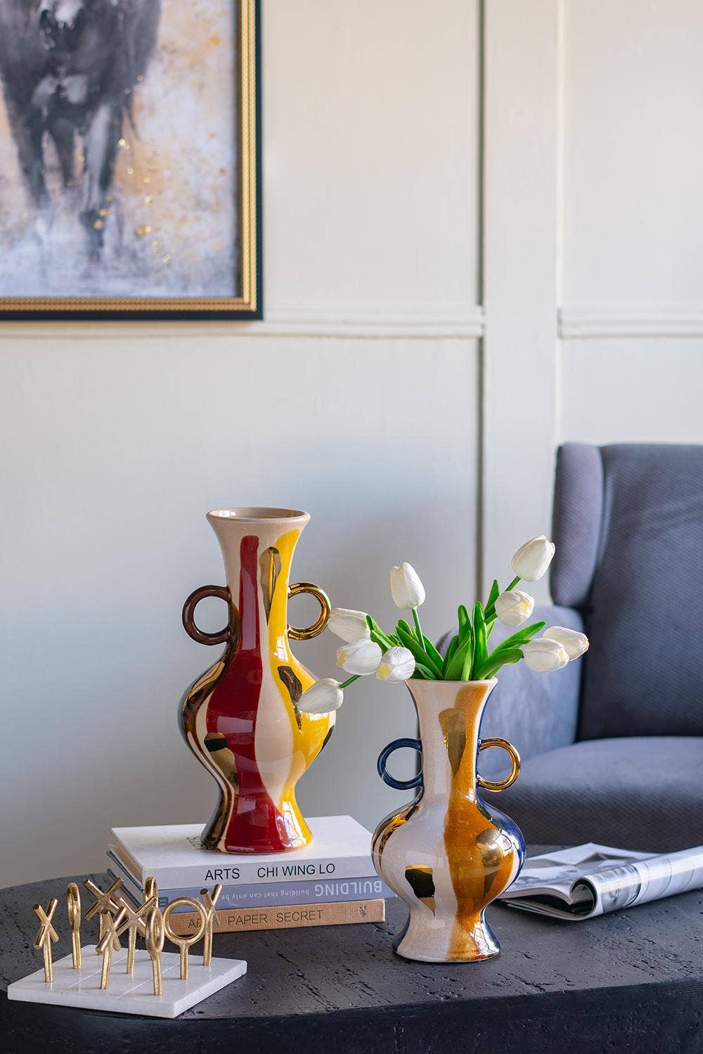 D6.5x14" Round Ceramic Vase Abstract Multicolored Finish