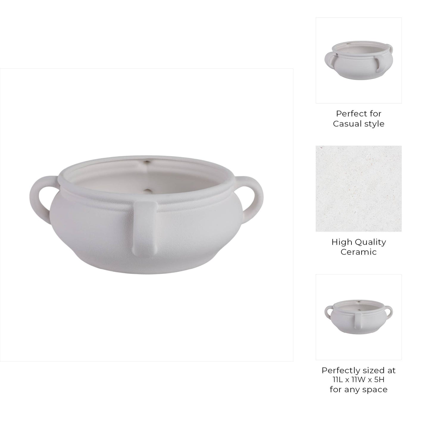 Ceramic Modern Textured Three-Handle Bowl - White, 11 in.