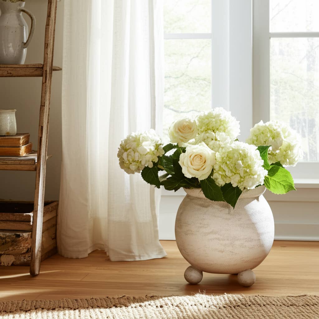 Ceramic Textured Rounded Planter On Ball Feet - Ivory, 9 in.