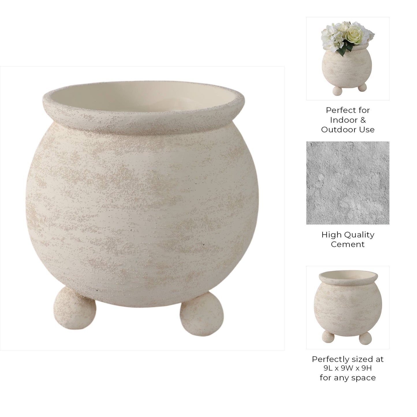 Ceramic Textured Rounded Planter On Ball Feet - Ivory, 9 in.