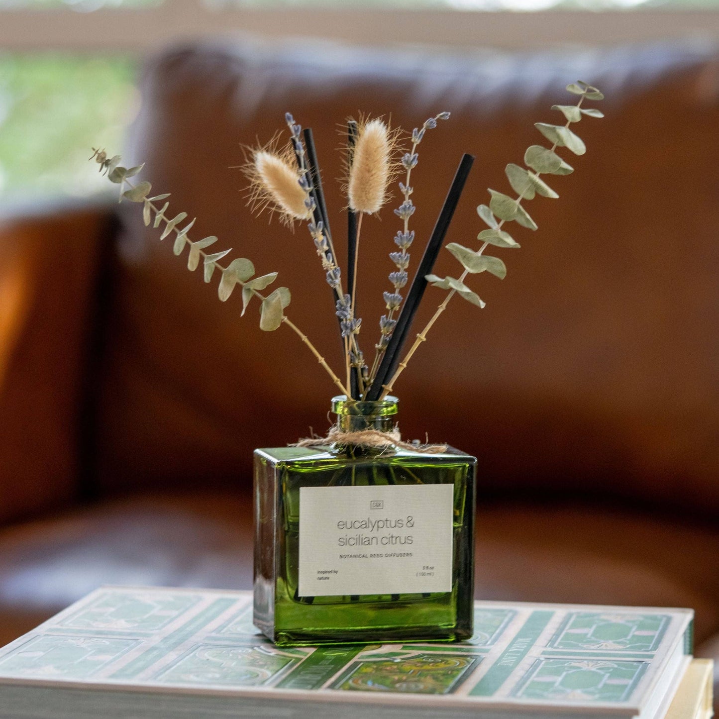 Green Glass Reed Diffuser with Flowers