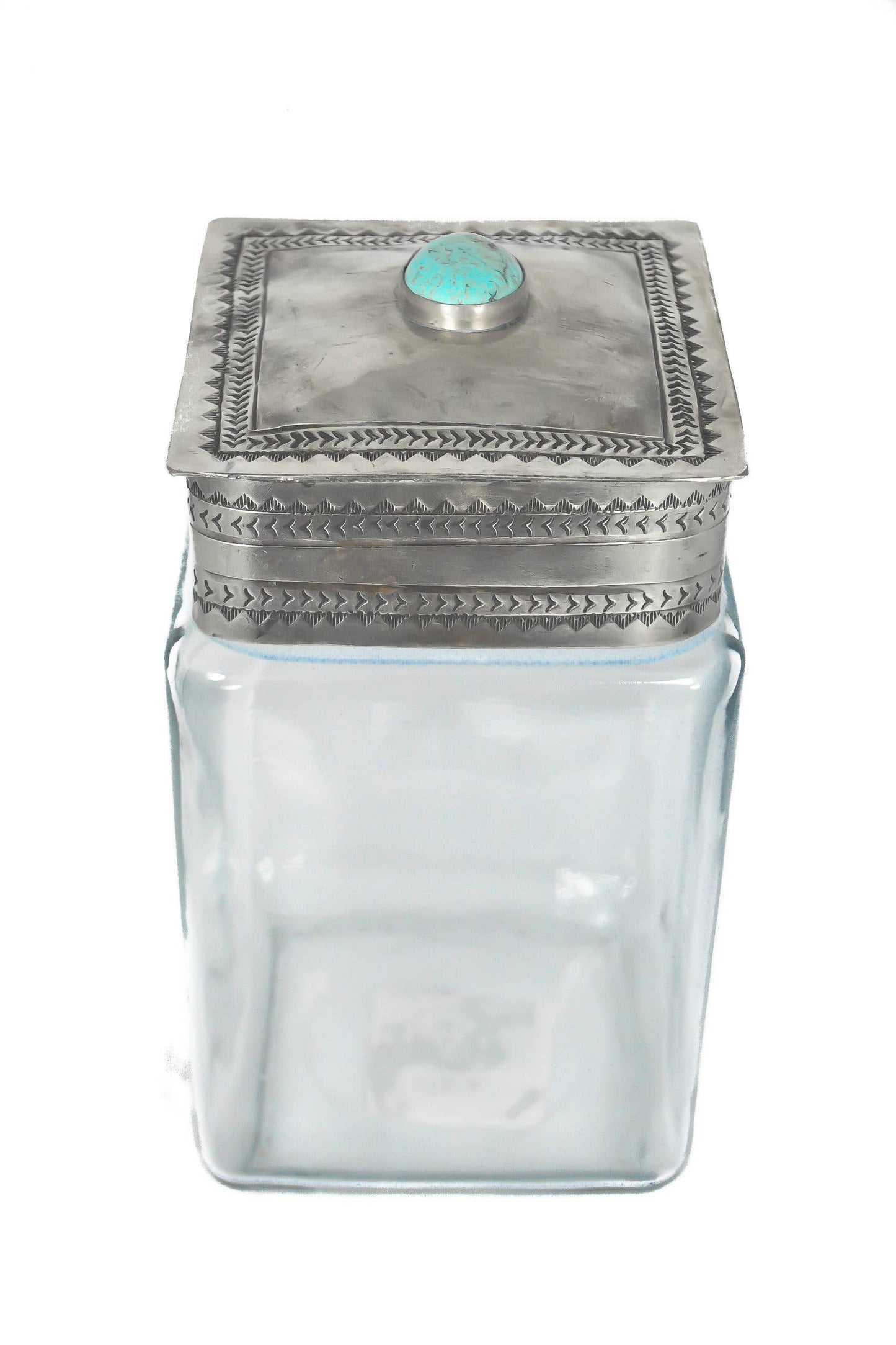 MED GLASS BOTTOM CANISTER W/ SILVER & TURQ