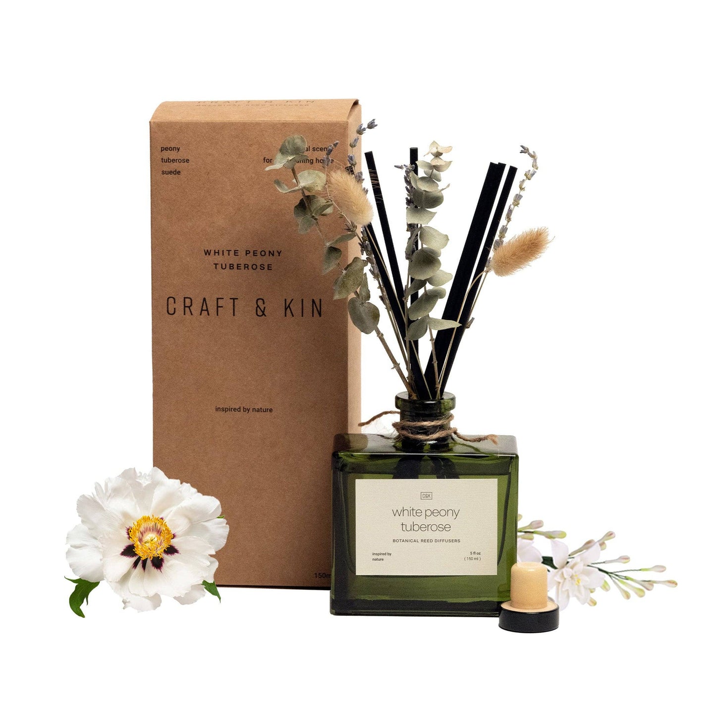 Green Glass Reed Diffuser with Flowers