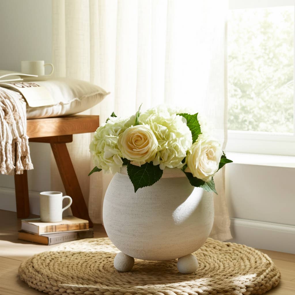 Ceramic Textured Rounded Planter On Ball Feet - Ivory, 9 in.