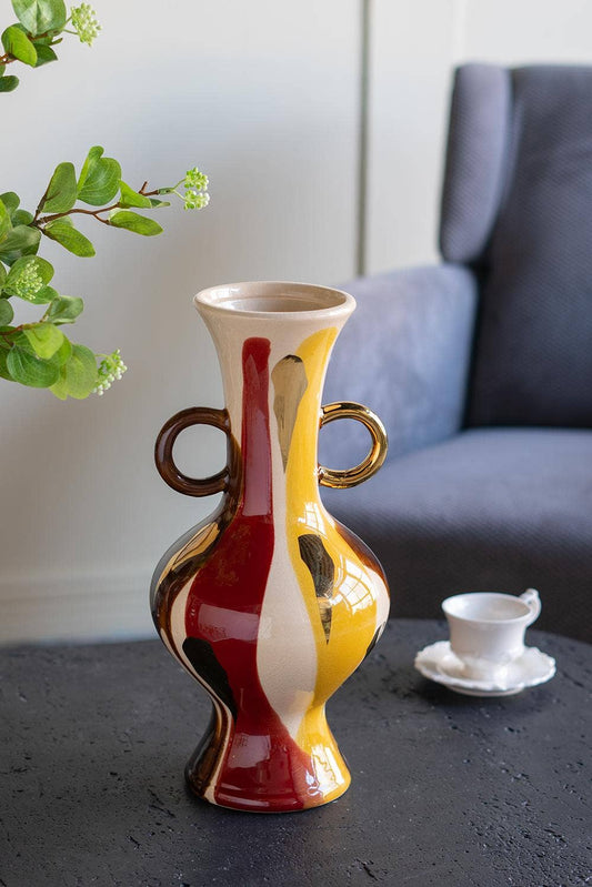 D6.5x14" Round Ceramic Vase Abstract Multicolored Finish