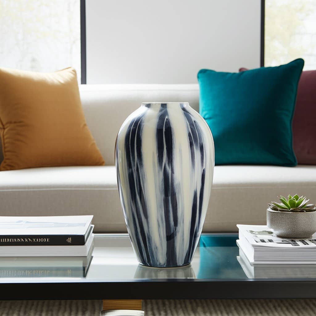 Glass Round Abstract Striped Pattern Vase - Blue, 20 in.