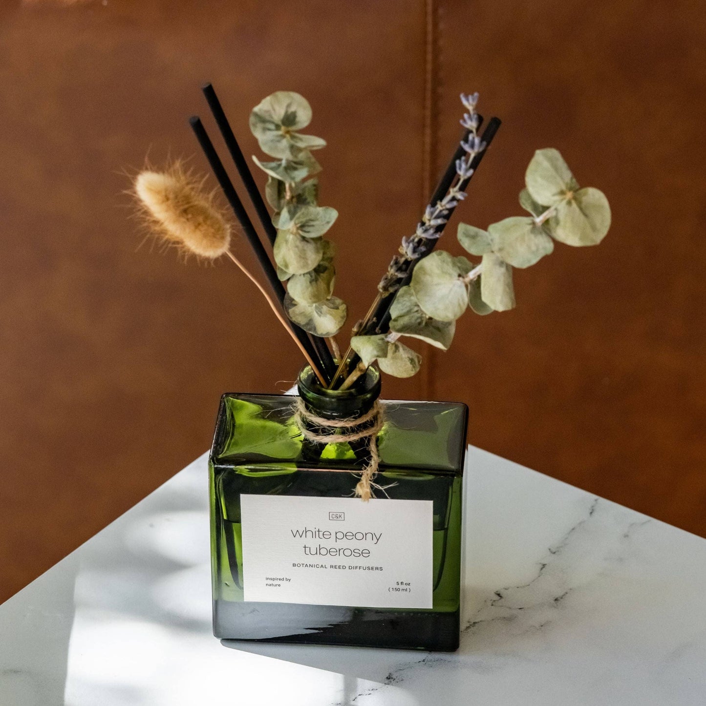 Green Glass Reed Diffuser with Flowers
