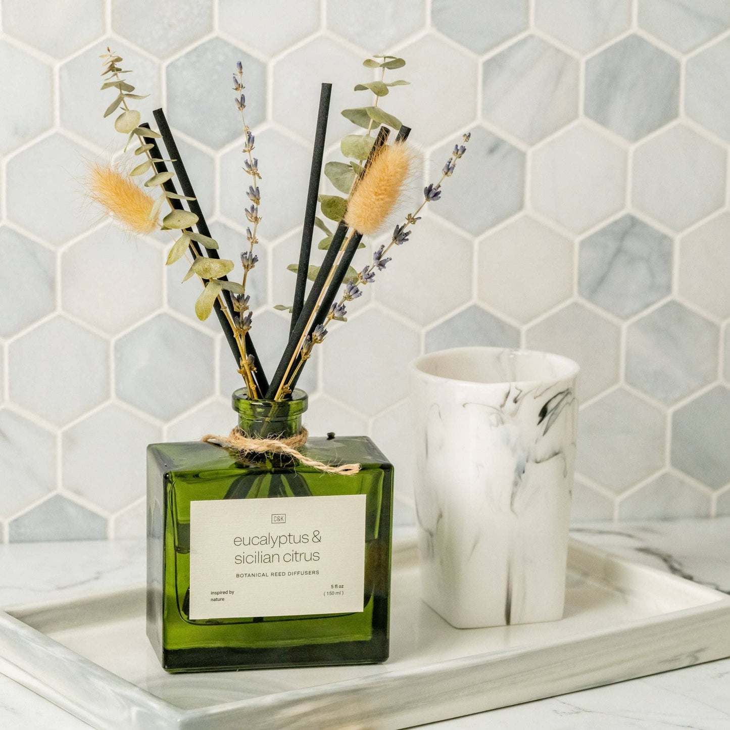 Green Glass Reed Diffuser with Flowers